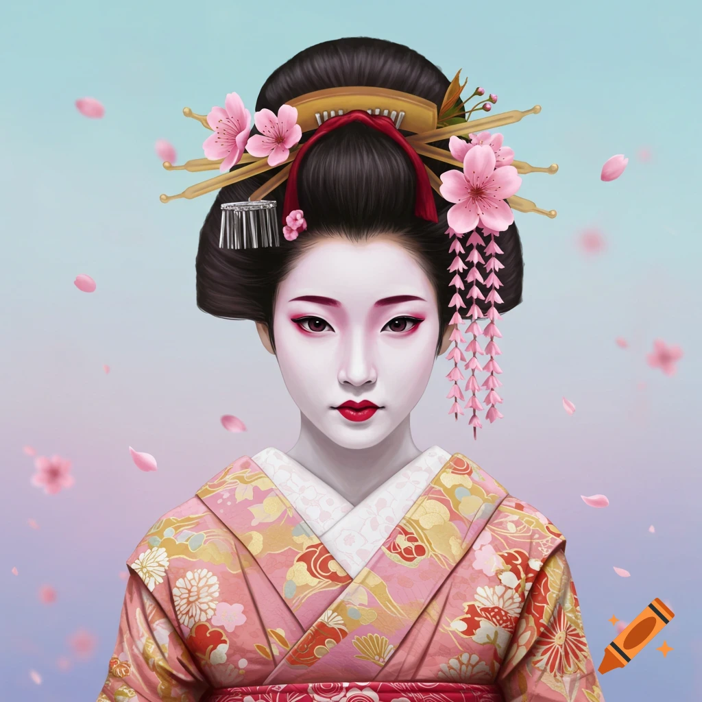 A geisha with white makeup, red lips, elaborate hair ornaments including cherry blossoms, and a pink kimono.