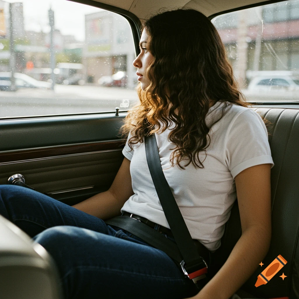 Woman in backseat of car wearing seatbelt looking out window