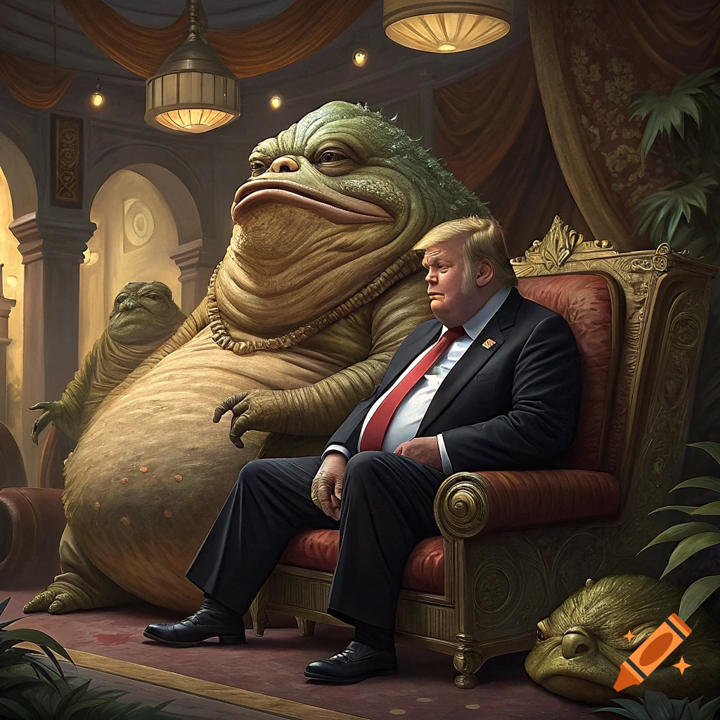 Donald Trump sits next to a large, slug-like creature resembling Jabba the Hutt in an ornate room.