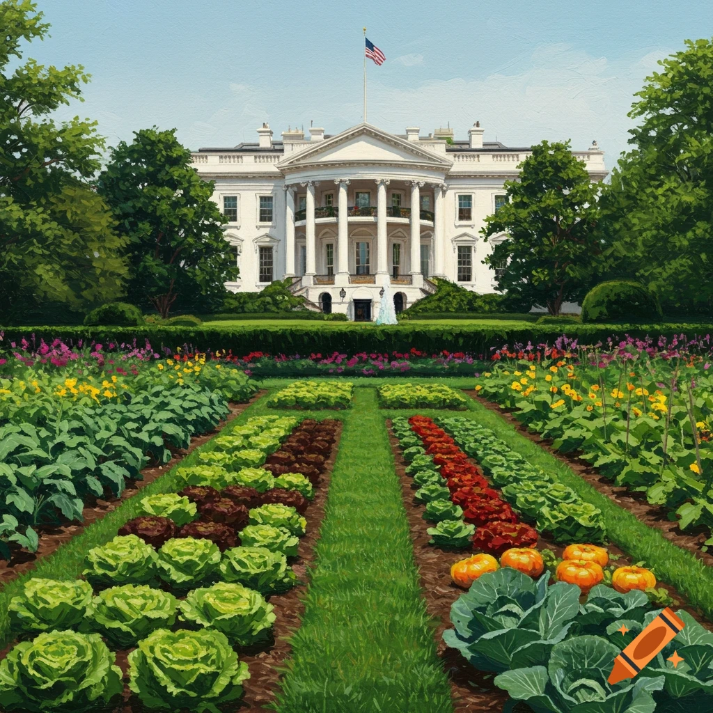 The White House with a large vegetable garden in the foreground.