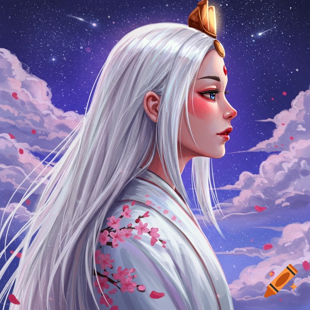 Portrait of a woman with long white hair, red makeup, and a golden crown, wearing a white robe with cherry blossoms against a starry night sky.