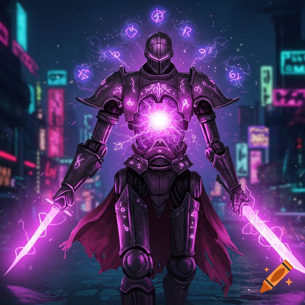 A robot knight powered by purple energy, holding glowing swords in a cyberpunk city.