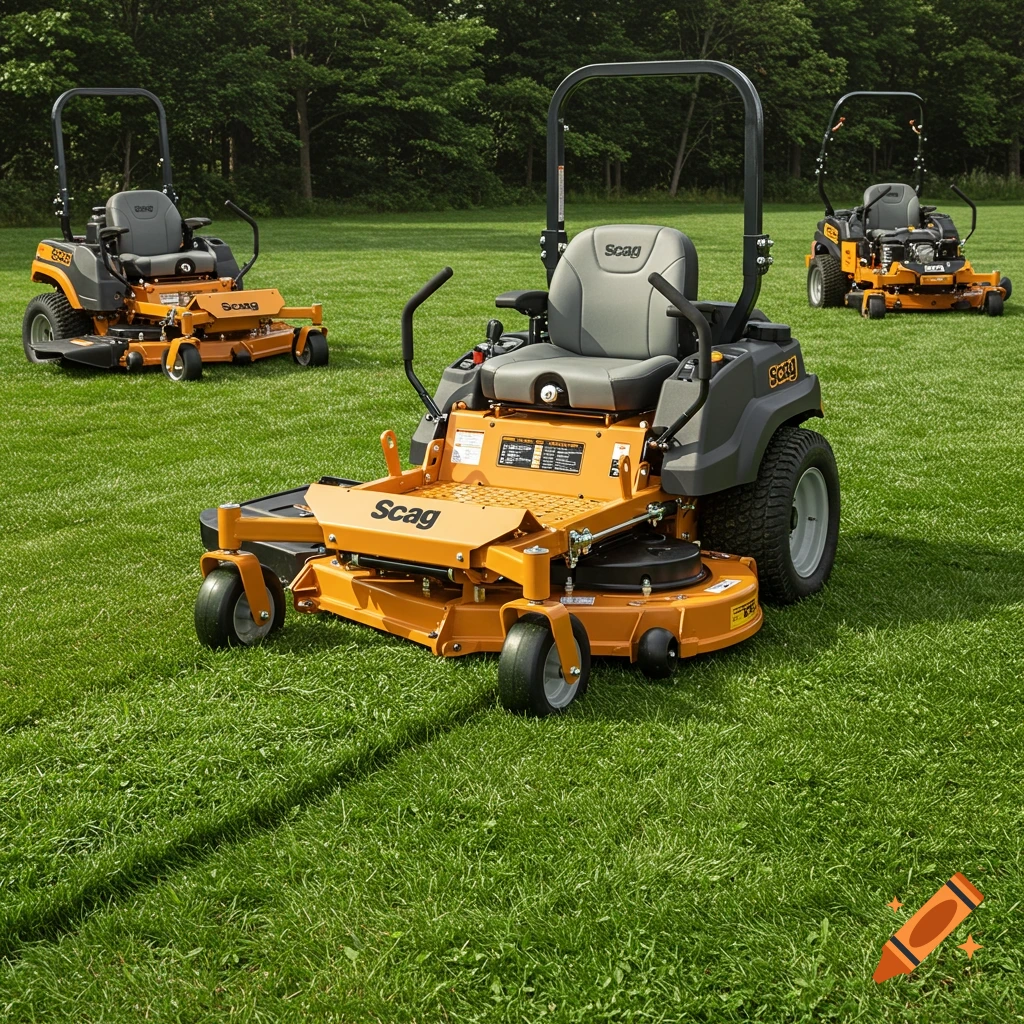 Three orange zero-turn lawn mowers on a grassy field.