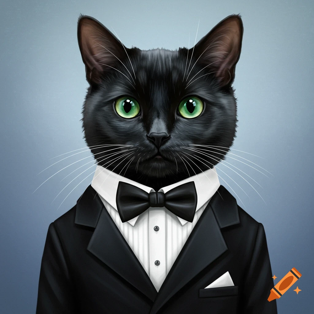 A black cat wearing a tuxedo and bow tie.