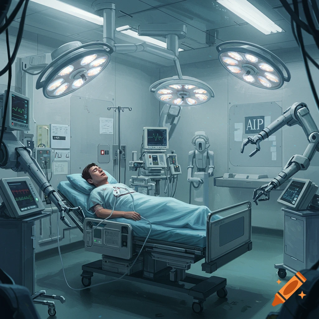 Robots operating on a patient in a futuristic hospital room.