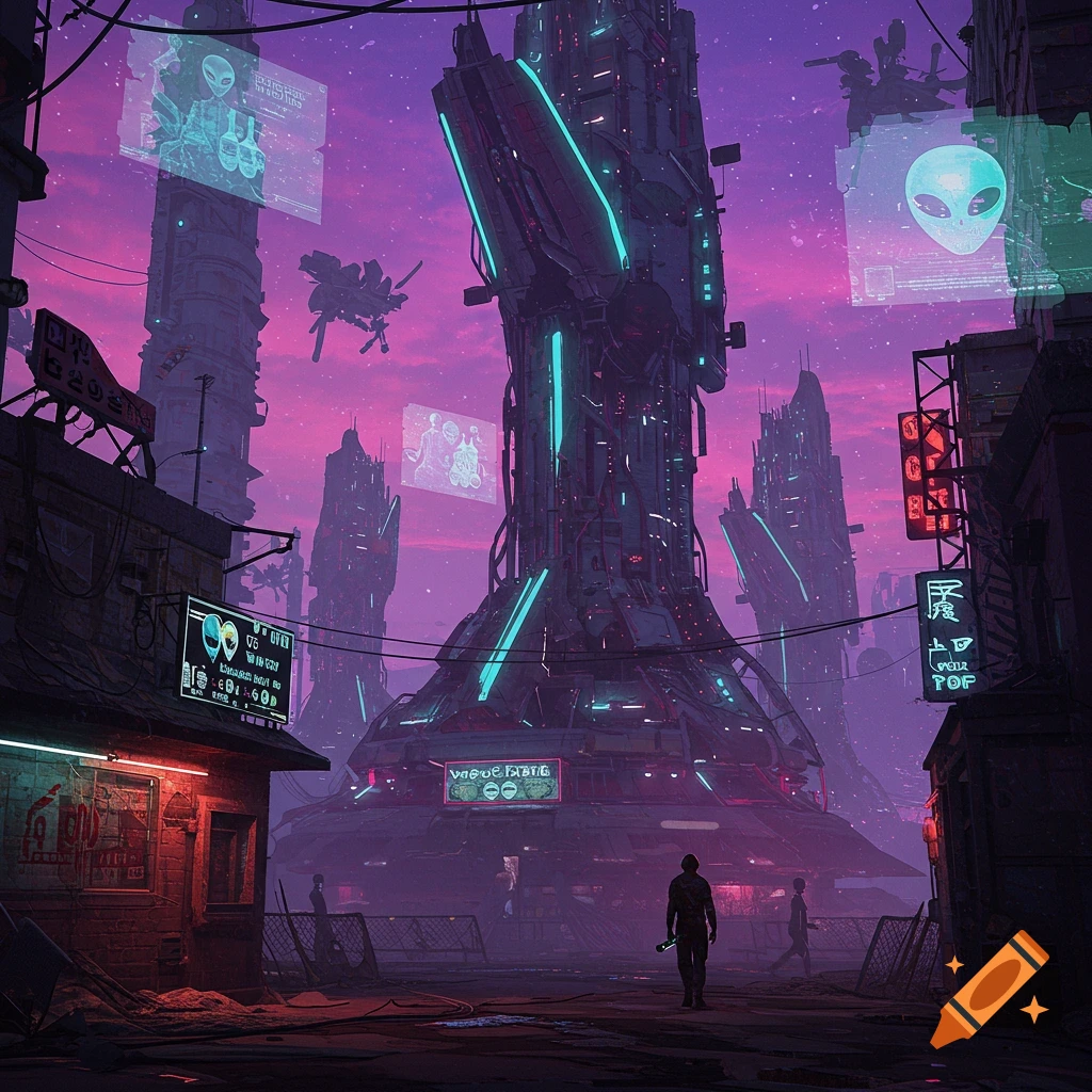 A futuristic alien city at sunset with glowing towers and screens.