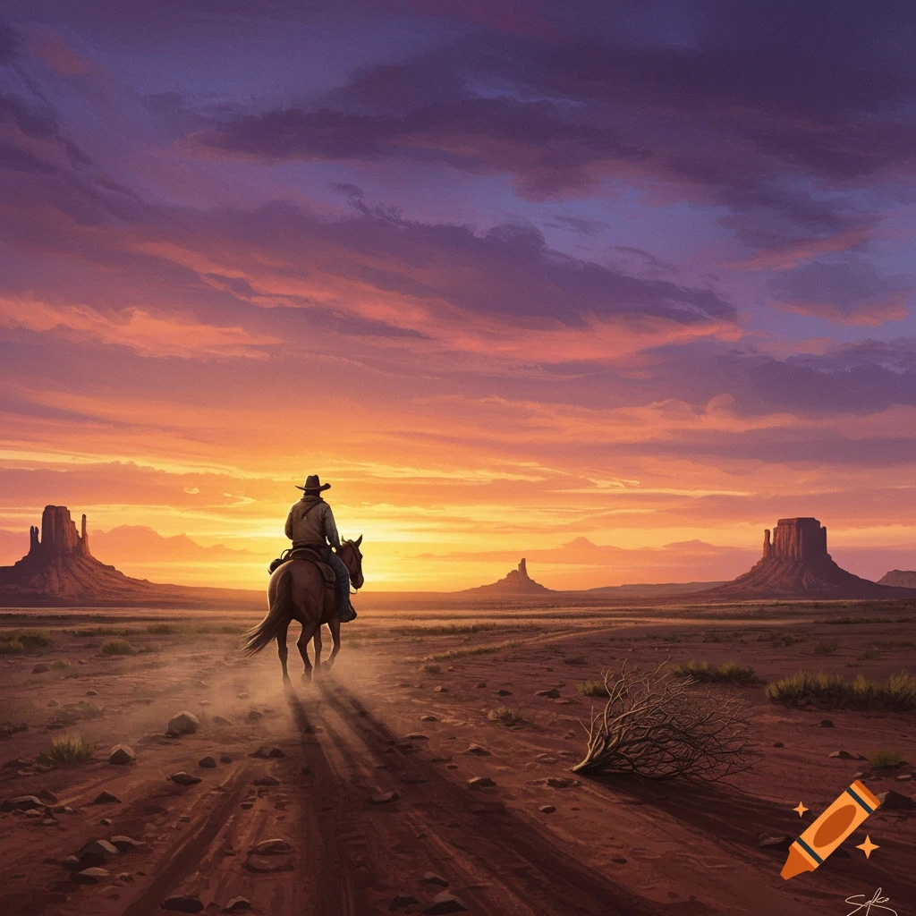 A cowboy on a horse riding through a desert landscape at sunset with mesas in the background.
