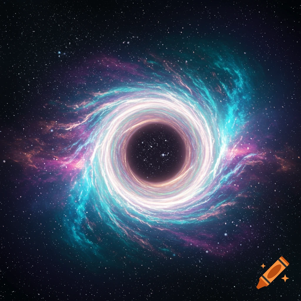 A swirling wormhole or black hole in space with colorful gas and stars.