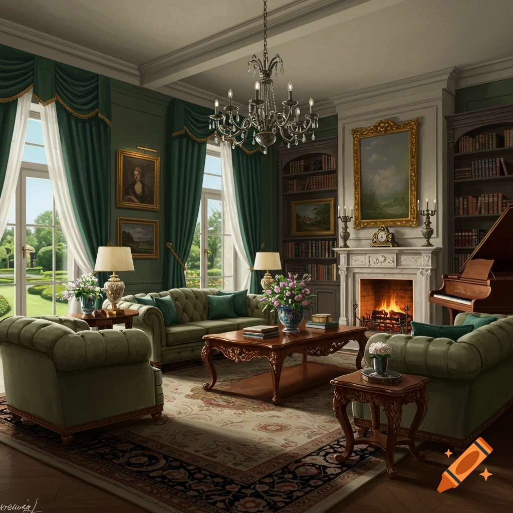 A grand living room with green sofas, a fireplace, bookshelves, a piano, and large windows looking out onto a garden.