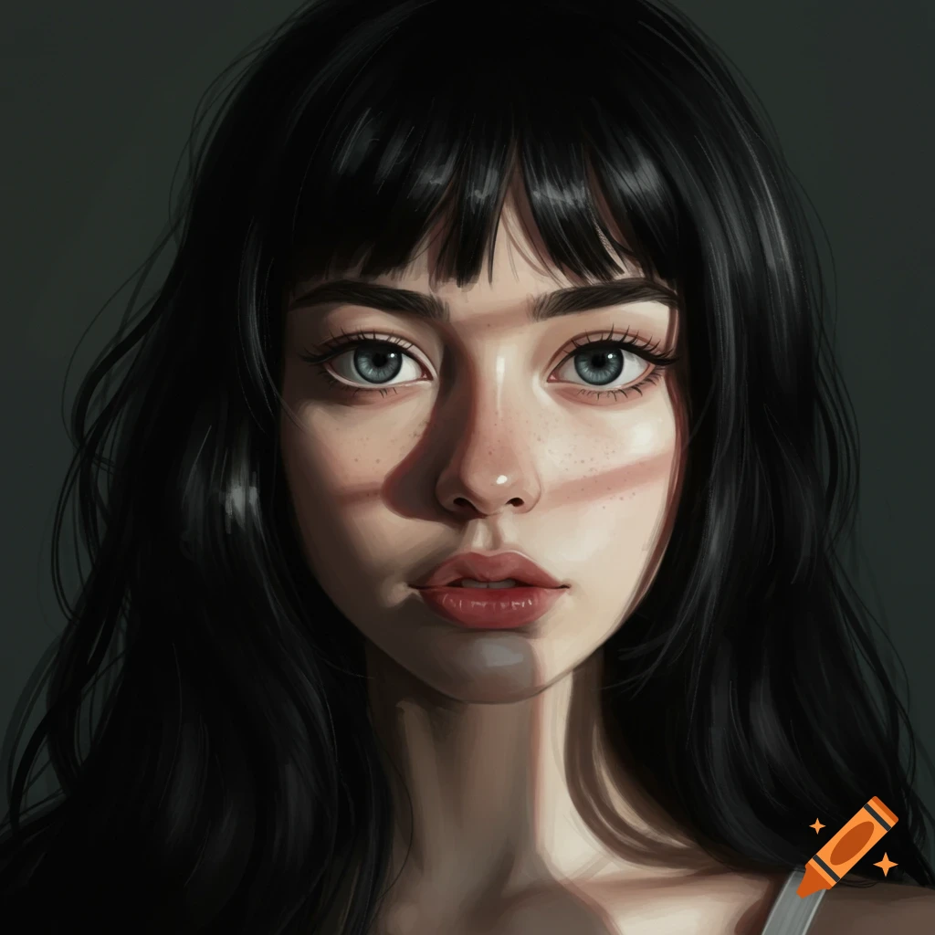 Portrait of a young woman with dark hair and light eyes, with light and shadow across her face.