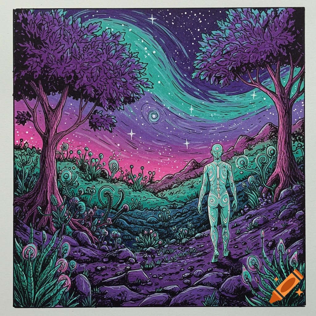 Stylized illustration of a figure in an alien landscape under a vibrant starry sky.