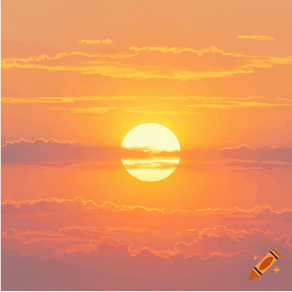 A vibrant orange and pink sunset with the sun low in the sky among the clouds.