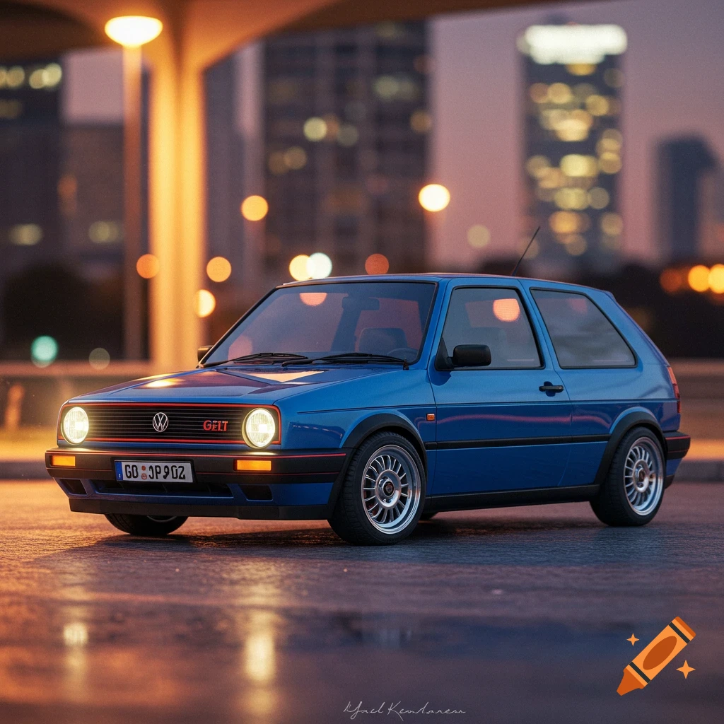 A blue classic Volkswagen Golf MK2 GTI is parked at night with city lights in the background.
