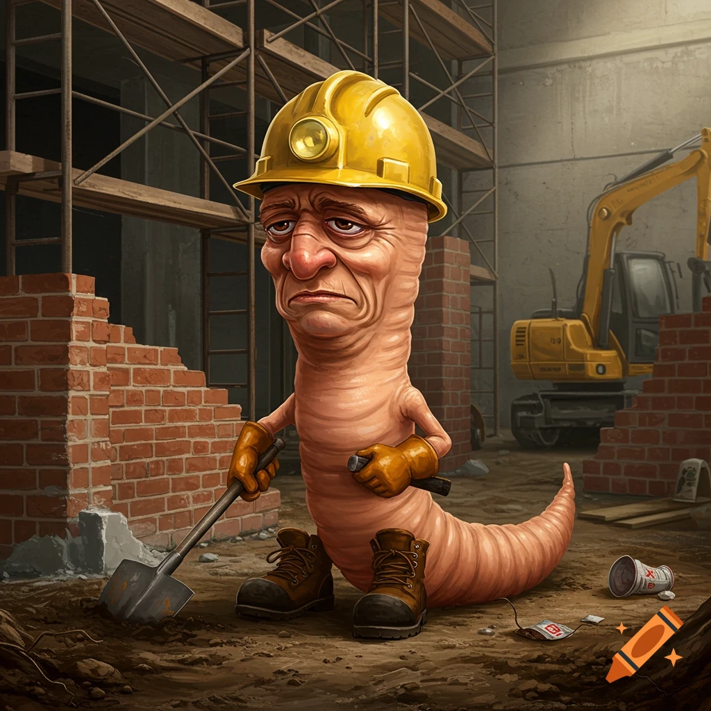 A depressed cartoon worm wearing a hard hat and holding a shovel stands on a construction site