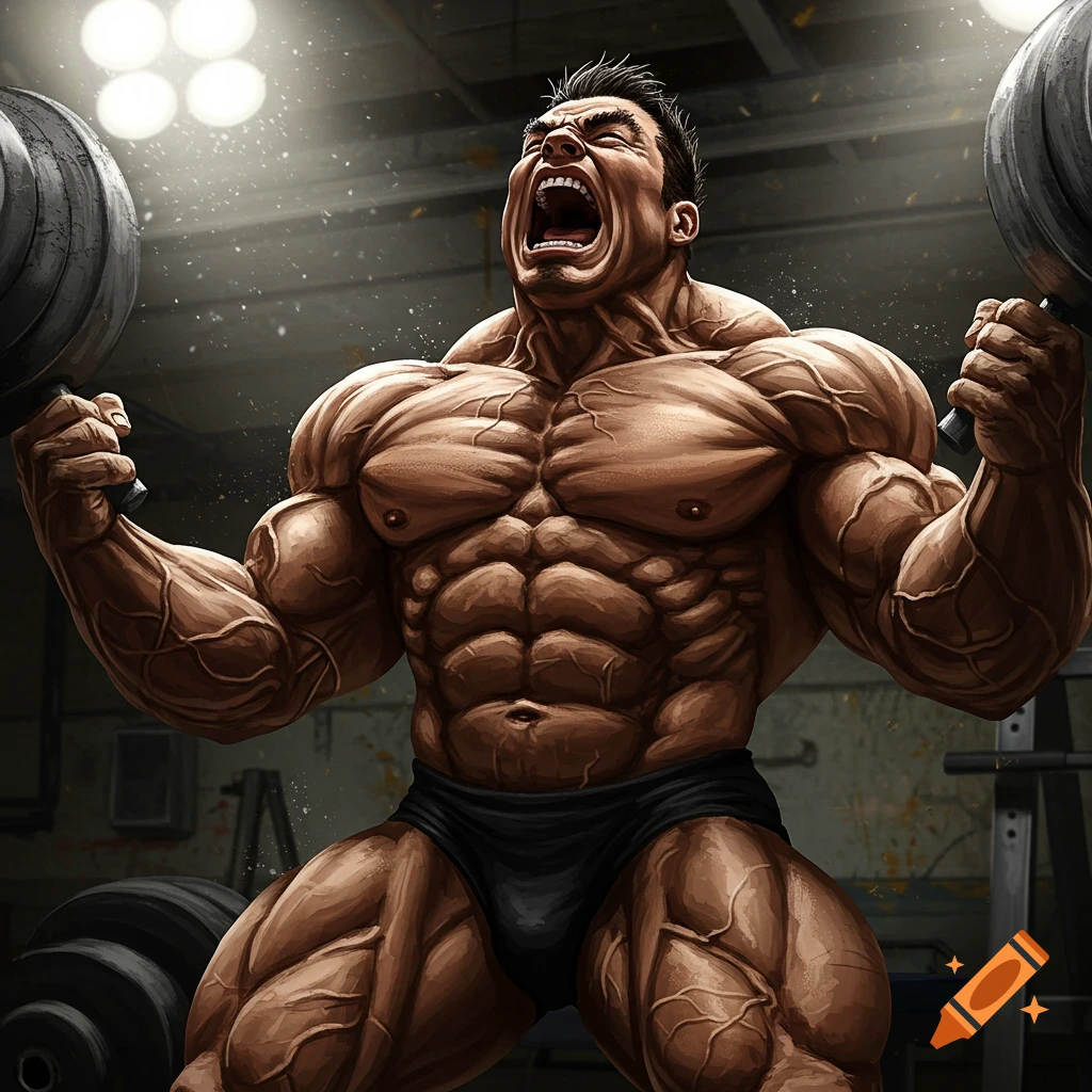 Highly stylized illustration of a heavily muscled bodybuilder screaming while lifting weights in a gym.