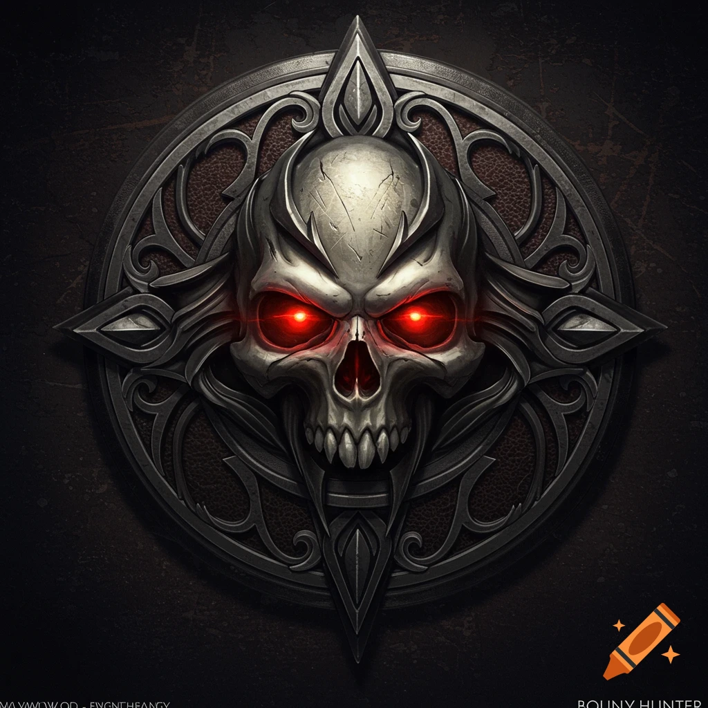 A metallic emblem featuring a skull with glowing red eyes against a dark background.