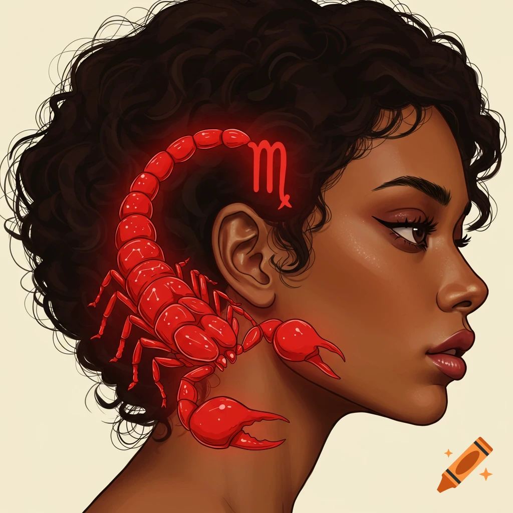 Illustration of a woman in profile with a red scorpion and Scorpio zodiac symbol behind her ear.