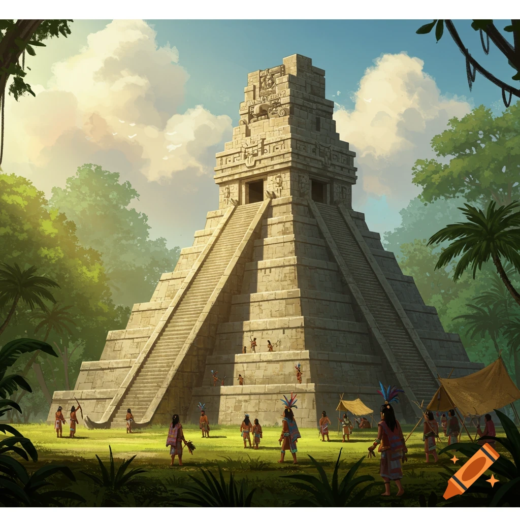 A large stone pyramid structure in a jungle clearing with small figures of people.