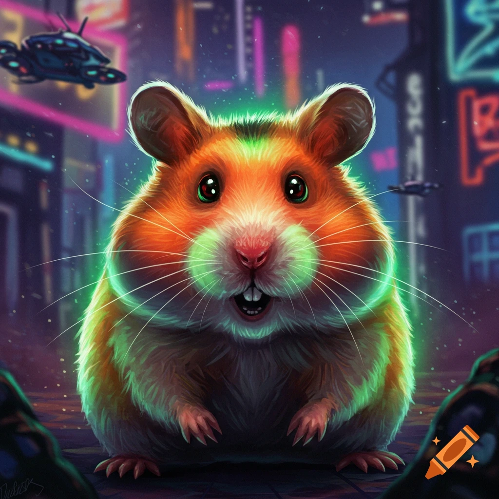 A fluffy hamster with glowing green cheeks in a cyberpunk city.