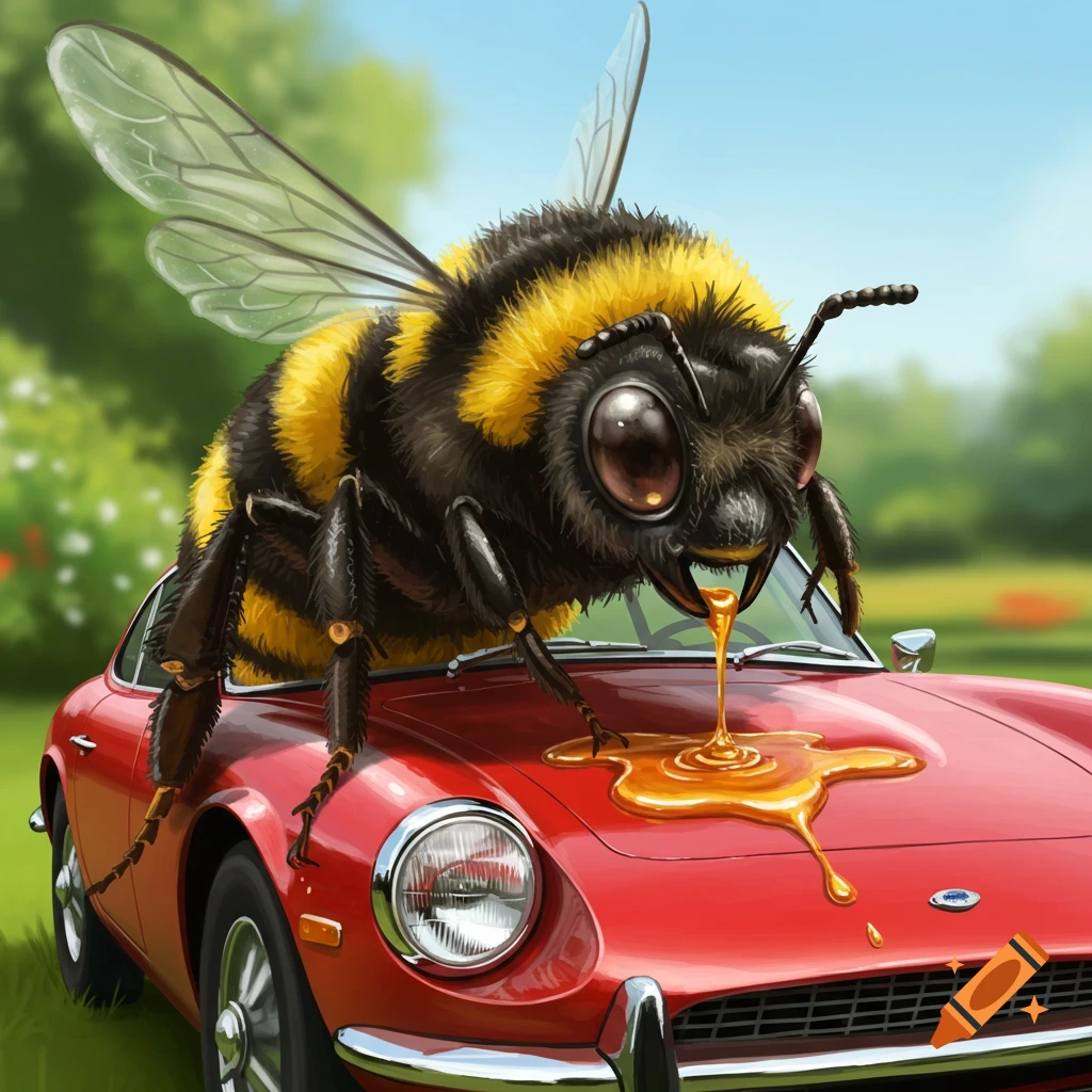 A large bumblebee perches on a red sports car, dripping honey onto the hood.
