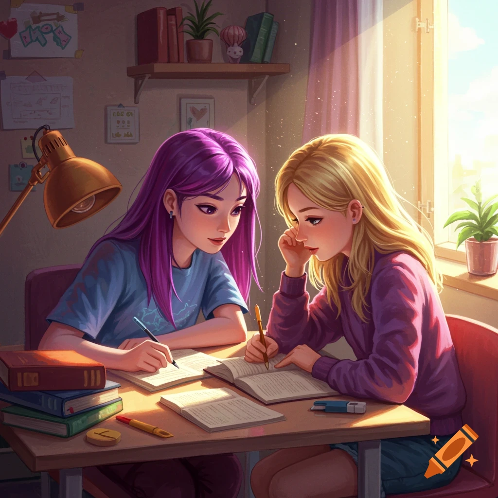 Two girls with purple and blonde hair study at a desk bathed in sunlight.