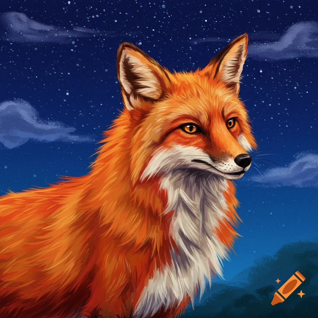 An orange fox against a starry night sky