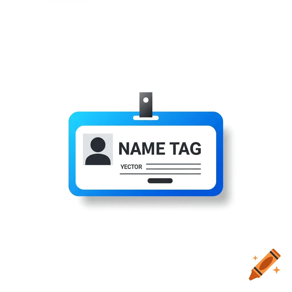 Vector graphic of a name tag with text and a profile icon.