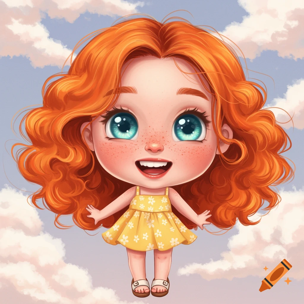Chibi redhead girl with big eyes and freckles in a yellow dress floats among clouds, digital illustration.