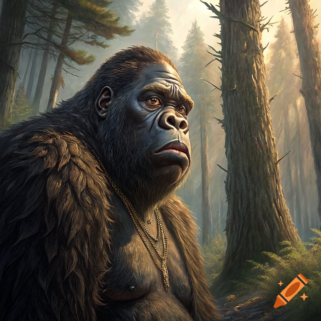 Creature resembling Bigfoot or gorilla with human face and necklace in a forest.