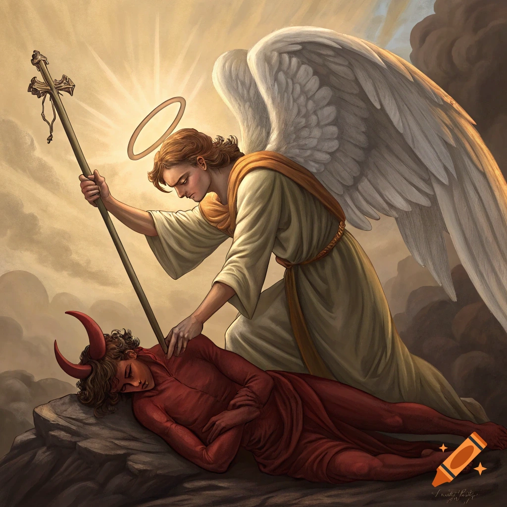 A triumphant angel stands over a defeated devil lying on rocks, holding a staff in a dramatic, painterly style.