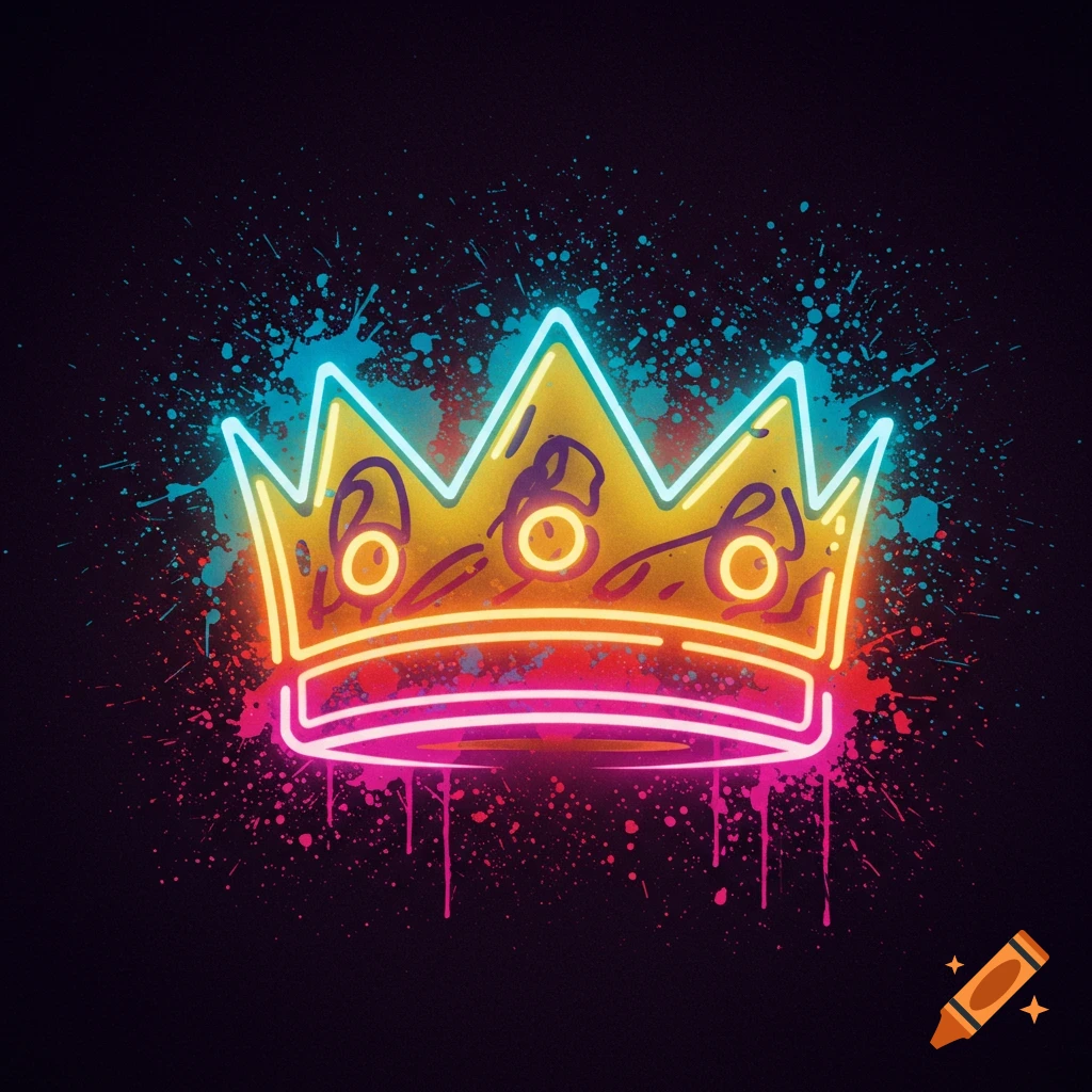 A neon graffiti style crown with vibrant paint splatter on a dark background.
