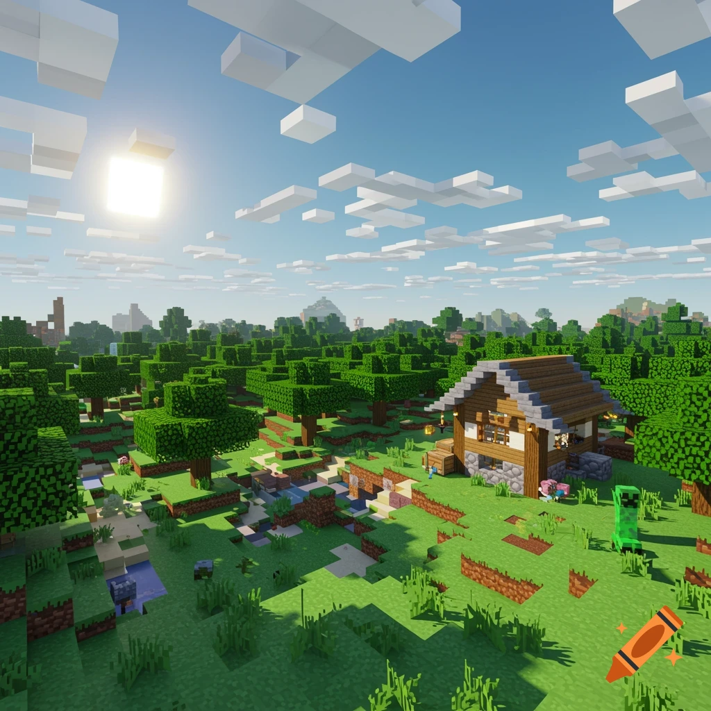 A Minecraft landscape with a house, trees, animals, and a creeper under a sunny sky.