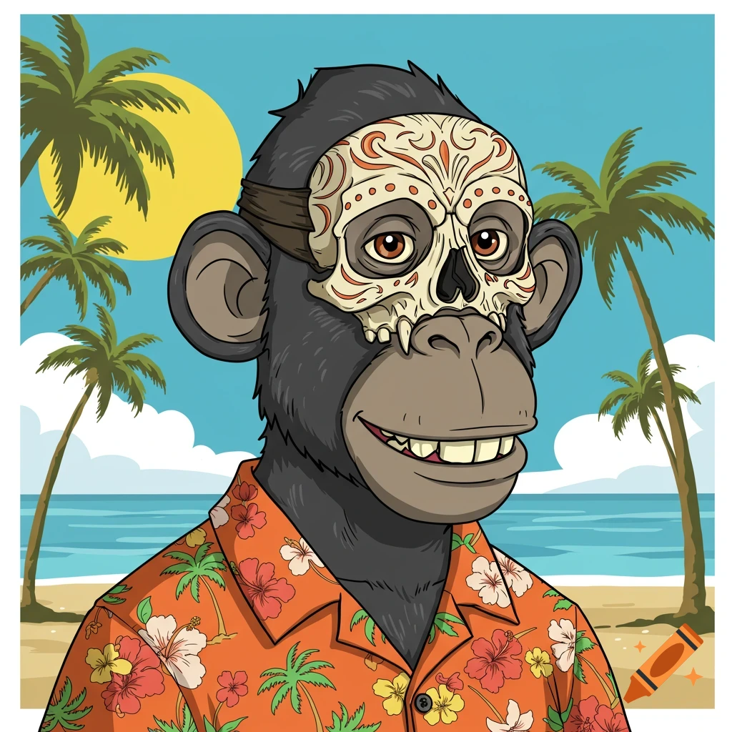 Digital illustration of a monkey wearing a skull mask and Hawaiian shirt on a tropical beach.