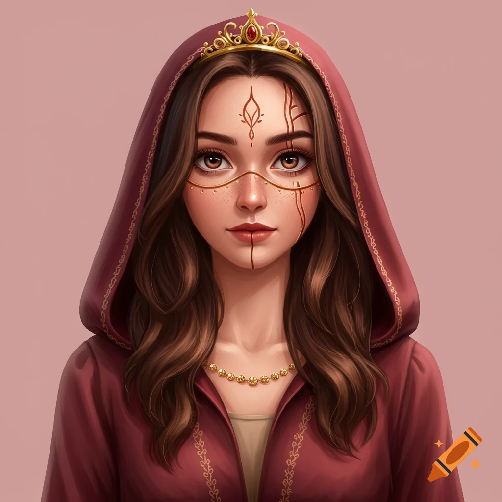 Painting of a princess in a hooded dress with face markings and a tiara.