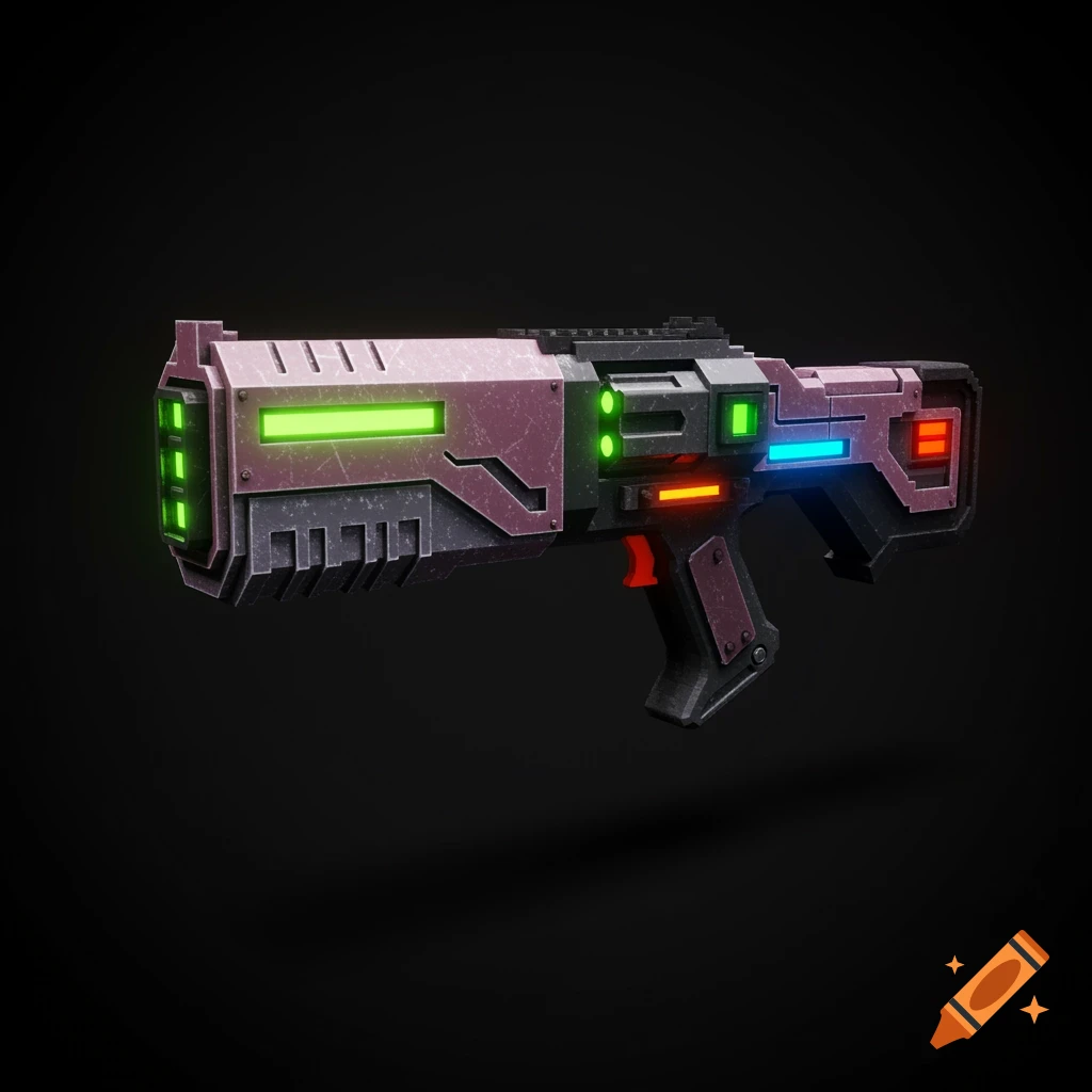 A 3D render of a futuristic sci-fi gun with glowing green, blue, and orange lights on a dark background.