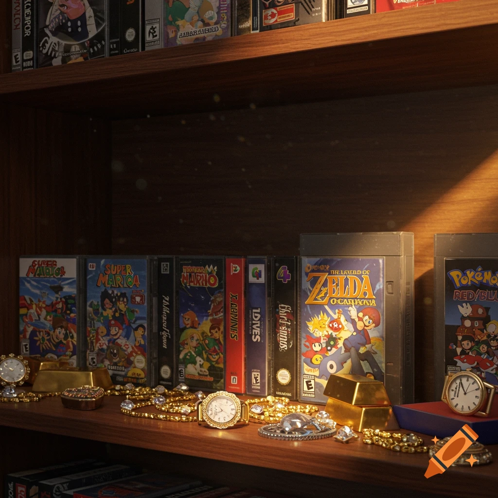 A shelf with retro video game cases, gold bars, watches, and jewelry.