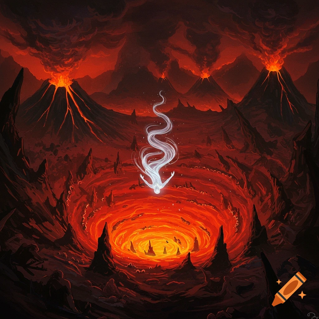 A soul falls into a fiery hellscape with erupting volcanoes.