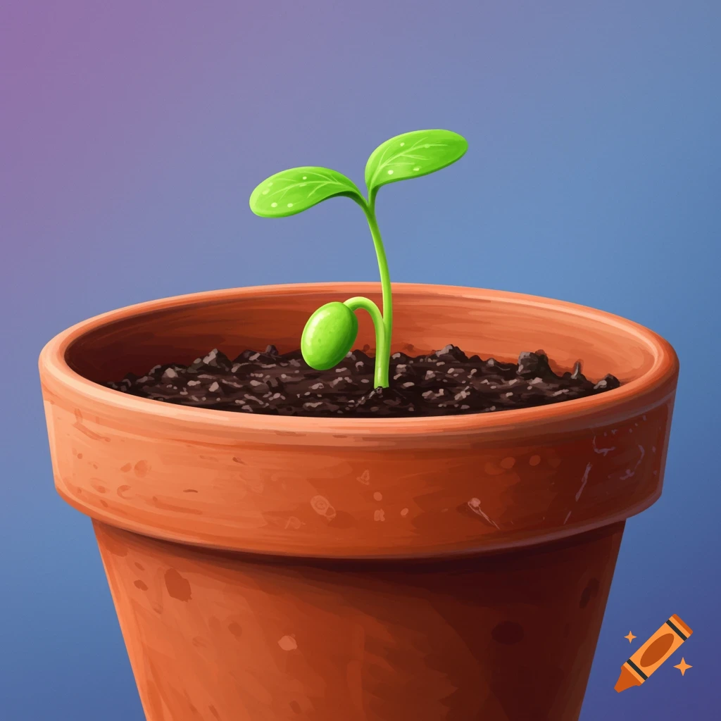 A small green seedling in a terracotta pot.