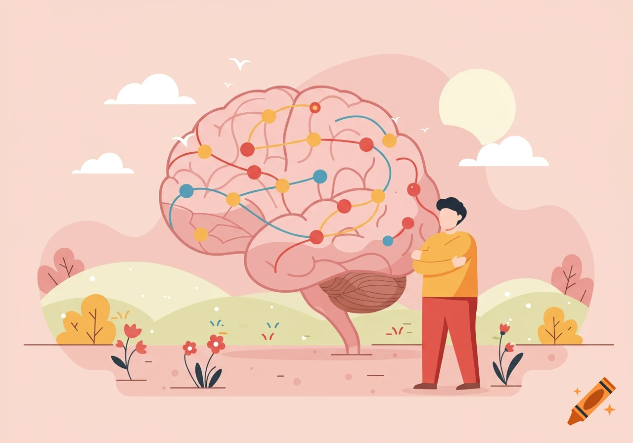 Illustration of a brain connected by lines and dots next to a person in a landscape, symbolizing mental health.