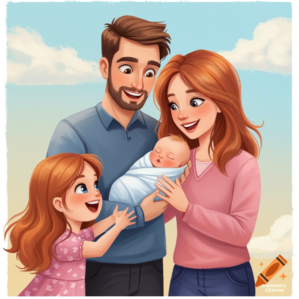 A joyful family welcoming a newborn baby.