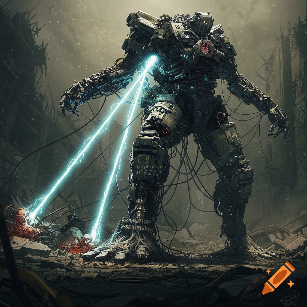 A large, heavily armored robot stands over ruins, electricity shooting from its chest.