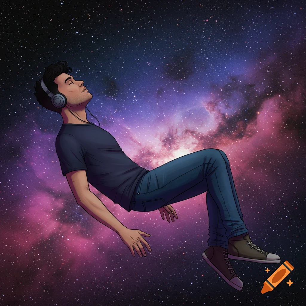 A man with headphones floating in space, eyes closed.