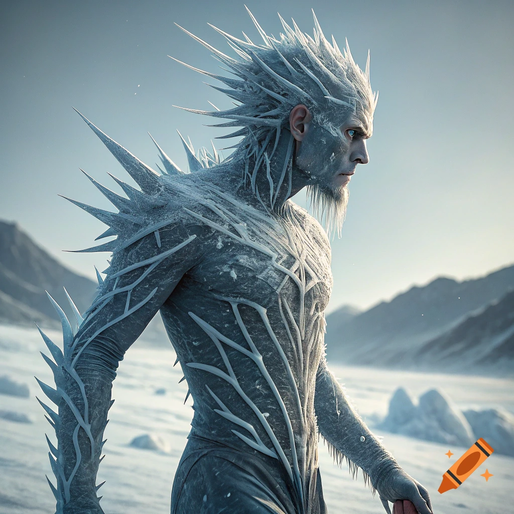 A muscular man covered in ice spikes stands in a snowy landscape.