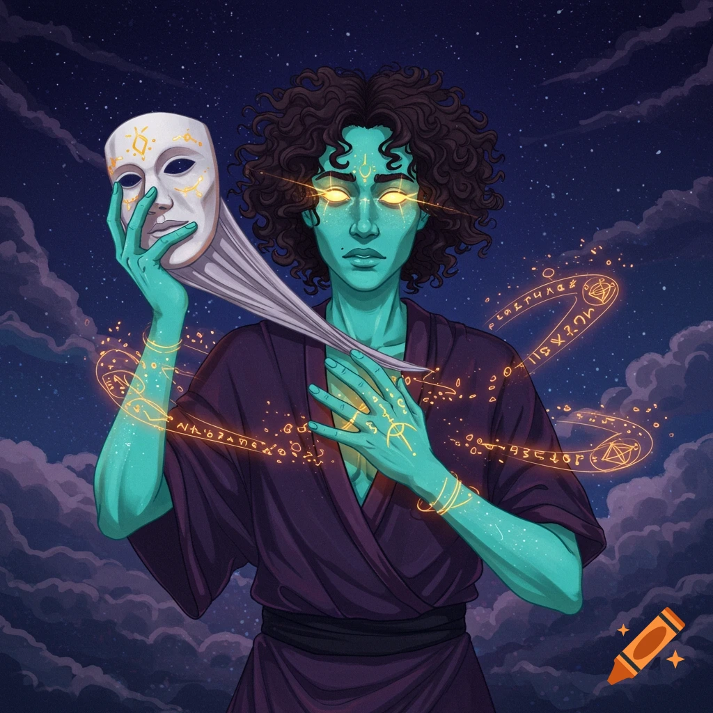 A teal-skinned person holds a white mask, with glowing eyes and magic symbols swirling around them.
