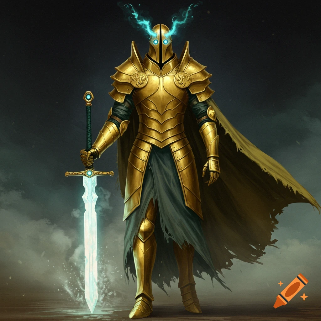 A tall figure in glowing gold armor stands holding a glowing blue sword.