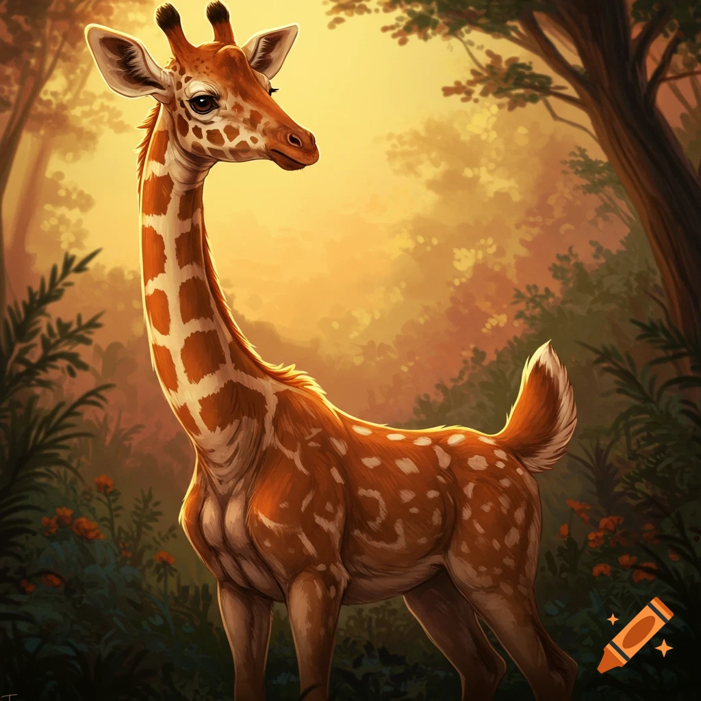 A giraffe and deer hybrid animal in a sunlit forest.