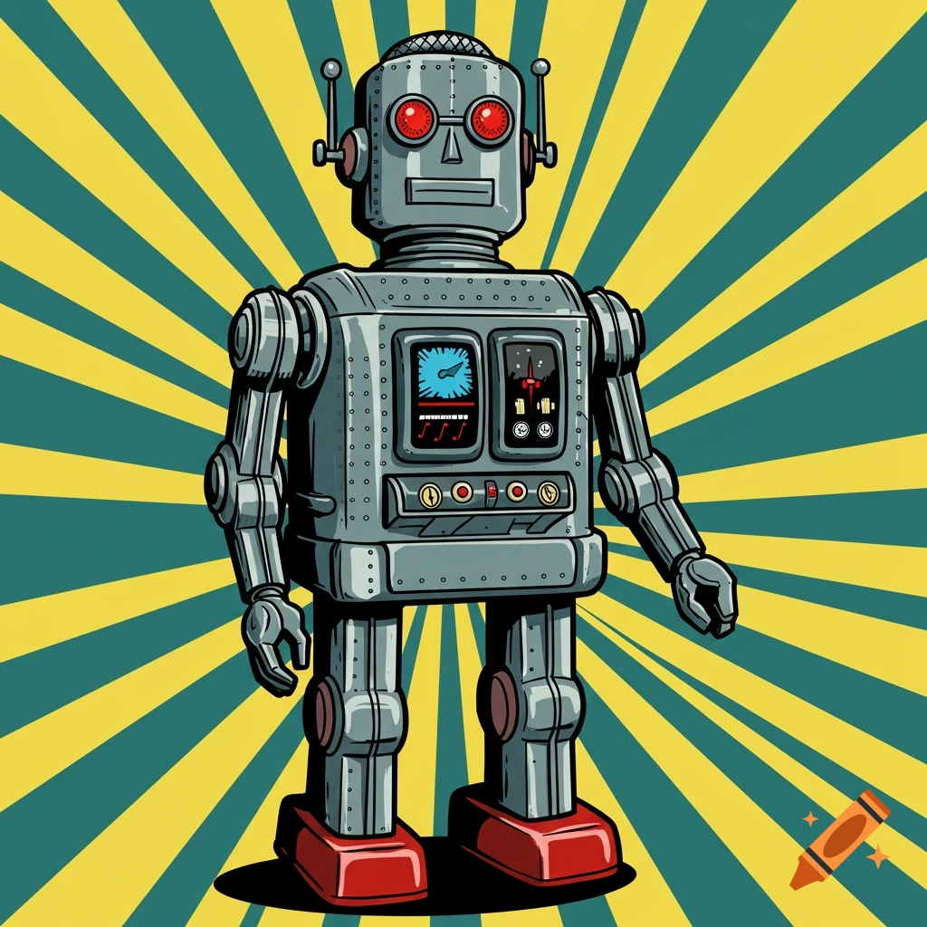 A vintage style robot with glowing red eyes stands against a yellow and teal striped background in a comic book illustration.