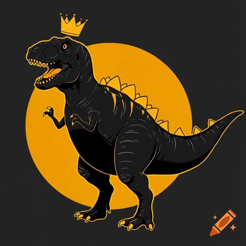 Cartoon black T-Rex dinosaur wearing a yellow crown against a yellow circle.