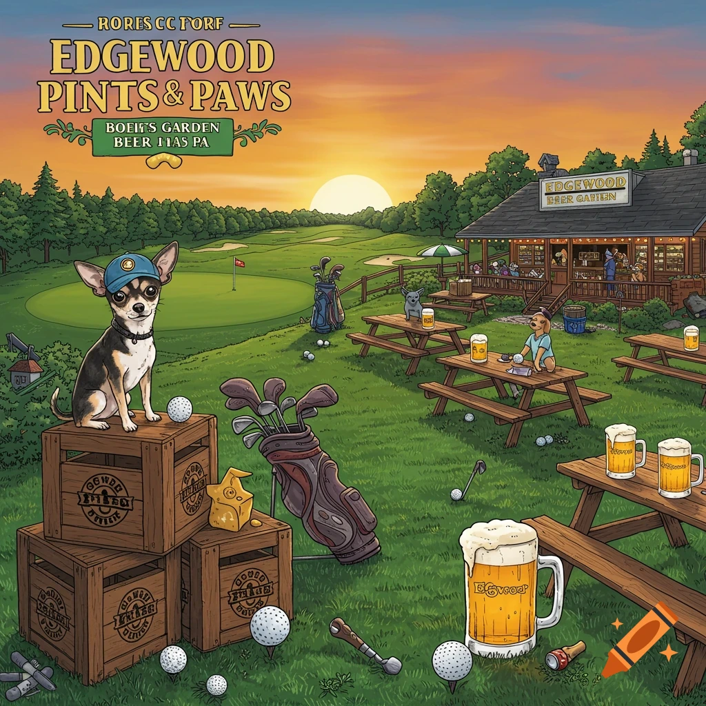 Illustration of a chihuahua on a golf course with a beer garden, other dogs, golf clubs, and beer mugs at sunset.