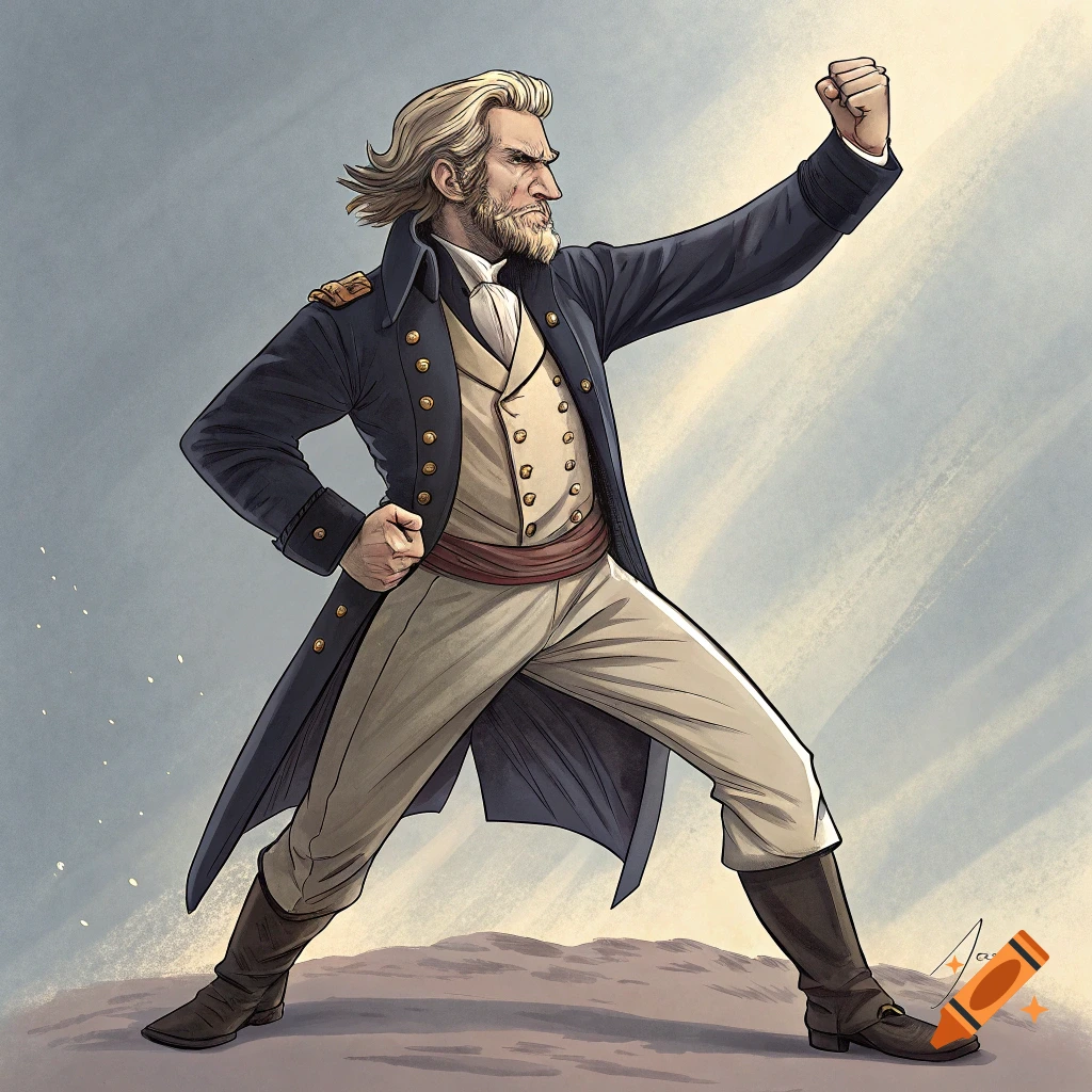 Stylized illustration of a man in a military coat, resembling Andrew Jackson, in a dynamic fighting stance with clenched fists against a sky background.